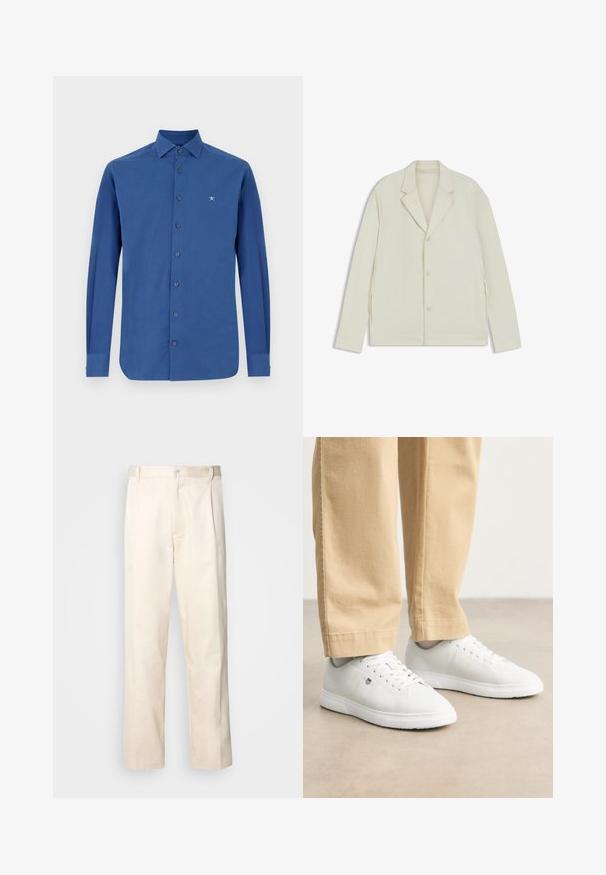 Giacca beige chiaro con rever a taglio, chiusura con bottoni e zip laterali. Realizzata in tessuto liscio e testurizzato con una vestibilità su misura.; Camicia blu a maniche lunghe in cotone, con chiusura a bottoni, colletto classico e logo ricamato discreto sul petto.; Pantaloni in cotone beige con taglio dritto, dotati di chiusura a bottone e pence sul davanti per un tocco di dettaglio in più.; Sneakers in pelle bianca con finitura liscia, dotati di punta rotonda, chiusura con lacci e dettaglio logo discreto sul lato, abbinati a pantaloni beige.