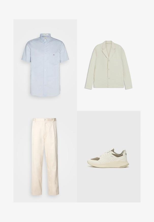 Valkoinenbeige takki, jossa on sahalaita, napitus ja sivuvetoketjut. Valmistettu sileästä, teksturoidusta kankaasta, joka on muotoiltu hyvin istuvaksi.; Vaaleansininen lyhythihainen paita, jossa on napitettavissa oleva kaulus. Paidassa on vasemmalla rinnassa tasku ja pieni logoyksityiskohta. Materiaali on sileä.; Vaaleanbeige puuvillahousut, joissa on suora lahje, varustettu nappisulkeisella ja etupuolella olevilla laskoksilla lisäyksinä.; Valkoinen ja vaaleanbeige urheilukengät, joissa on verkkomateriaali yläosa, rei'itettyjä yksityiskohtia ja teksturoitu välipohja, jossa on brändäys kantapäässä.