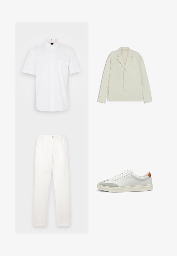 Giacca beige chiaro con rever a taglio, chiusura con bottoni e zip laterali. Realizzata in tessuto liscio e testurizzato con una vestibilità su misura.; Camicia bianca a maniche corte con bottoni, realizzata in cotone, dotata di una tasca sul petto, colletto classico e dettagli di cucitura sottili.; Pantaloni bianchi realizzati in tessuto liscio, con un design a gamba dritta, pieghe frontali e una chiusura a bottone singolo in vita.; Sneakers bianchi in pelle con accenti in suede grigio e un tallone in pelle beige. Presentano una superficie testurizzata e una suola leggera.