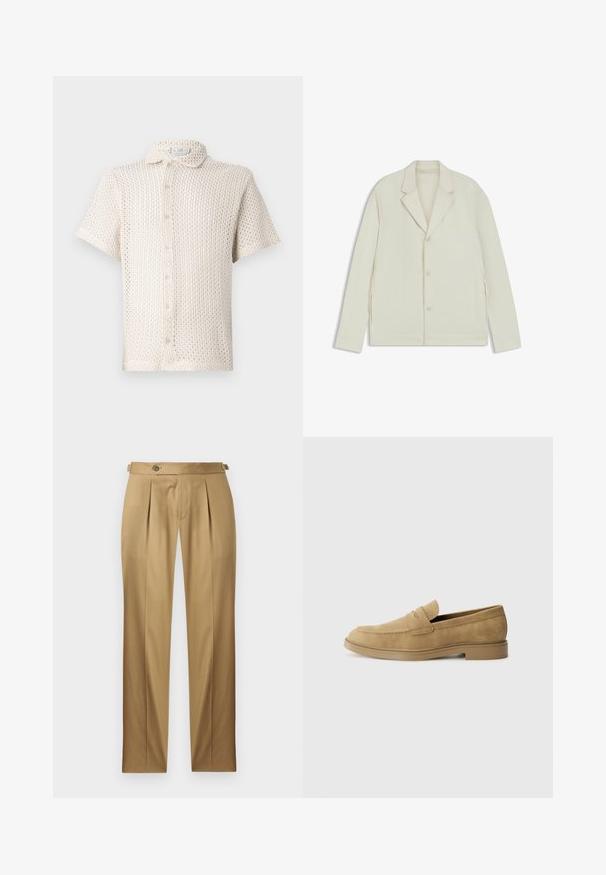Lichtbeige jas met een geknipte revers, knoopsluiting en zijritsen. Gemaakt van een gladde, gestructureerde stof met een slim fit.; Korte mouwen, licht beige overhemd met knopen, gemaakt van textuurstof met open breisel, voorzien van een kraag en vijf knopen aan de voorkant.; Beige broek met een rechte pasvorm, voorzien van plooien, een knoopsluiting en riemlussen. Gladde stof met een nette, op maat gemaakte uitstraling.; Tan suède instappers met een ronde neus, lage blokhak en gestikte details op de bovenkant. Gladde textuur en minimalistisch ontwerp.