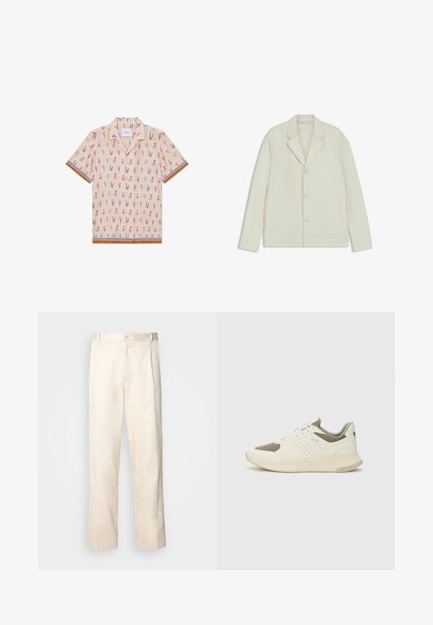 Valkoinenbeige takki, jossa on sahalaita, napitus ja sivuvetoketjut. Valmistettu sileästä, teksturoidusta kankaasta, joka on muotoiltu hyvin istuvaksi.; Valkoinen lyhythihainen paita, jossa on kukkakuvio, ja joka sisältää vaaleanpunaisia, oransseja ja vihreitä kuvastoja. Korostettu sinirotkuisilla ja ruskeilla vahvikkeilla.; Vaaleanbeige puuvillahousut, joissa on suora lahje, varustettu nappisulkeisella ja etupuolella olevilla laskoksilla lisäyksinä.; Valkoinen ja vaaleanbeige urheilukengät, joissa on verkkomateriaali yläosa, rei'itettyjä yksityiskohtia ja teksturoitu välipohja, jossa on brändäys kantapäässä.