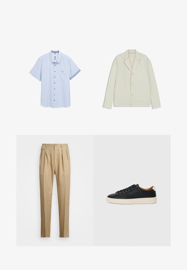 Helle beigefarbene Jacke mit Reverskragen, Knopfverschluss und seitlichen Reißverschlüssen. Hergestellt aus glattem, strukturiertem Material mit einer taillierten Passform.; Helleblaues, kurzärmliges Hemd aus strukturiertem Stoff mit Knopfverschluss, einer Brusttasche und kontrastierenden Manschetten in dunklerem Blau.; Beige Leinenhose mit geradem Schnitt, ausgestattet mit zwei vorderen Falten, einem Knopfverschluss und seitlichen Taschen. Strukturierter Stoff mit glatter Oberfläche.; Schwarze Ledersneaker mit glatter Textur, beiger Gummisohle, Schnürdesign und einem kontrastierenden Fersenakzent.