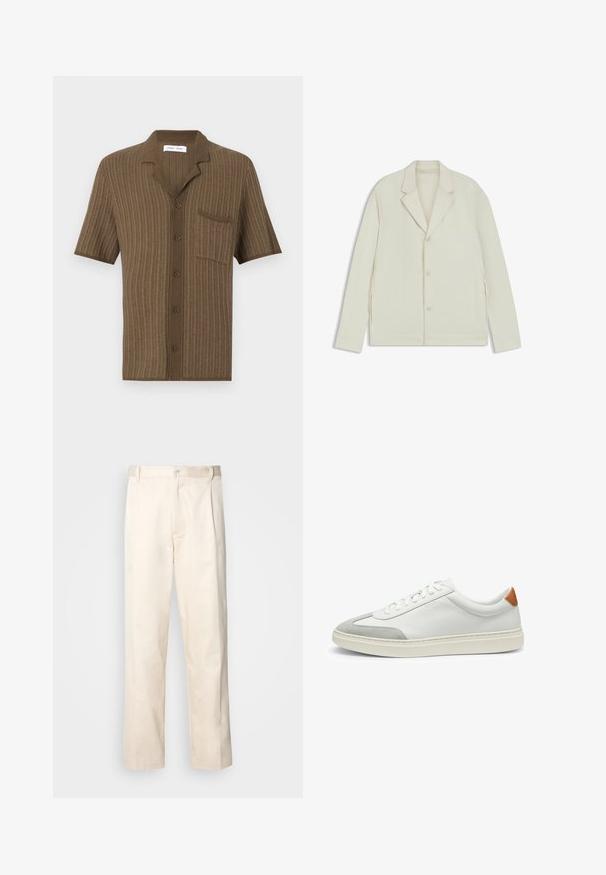 Giacca beige chiaro con rever a taglio, chiusura con bottoni e zip laterali. Realizzata in tessuto liscio e testurizzato con una vestibilità su misura.; Maglietta marrone a maniche corte con un motivo a maglia testurizzato, colletto a scollatura, 5 bottoni e una tasca sul petto.; Pantaloni in cotone beige con taglio dritto, dotati di chiusura a bottone e pence sul davanti per un tocco di dettaglio in più.; Sneakers bianchi in pelle con accenti in suede grigio e un tallone in pelle beige. Presentano una superficie testurizzata e una suola leggera.