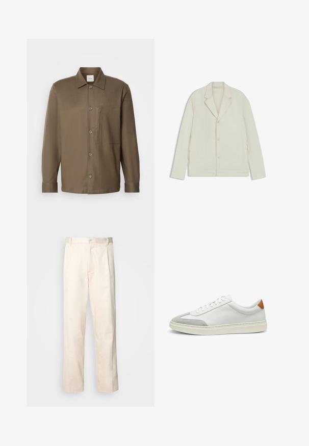 Giacca beige chiaro con rever a taglio, chiusura con bottoni e zip laterali. Realizzata in tessuto liscio e testurizzato con una vestibilità su misura.; Camicia marrone con bottoni, colletto, maniche lunghe, taschino sul petto e texture liscia. Presenta bottoni grigi lungo la parte anteriore.; Pantaloni in cotone beige con taglio dritto, dotati di chiusura a bottone e pence sul davanti per un tocco di dettaglio in più.; Sneakers bianchi in pelle con accenti in suede grigio e un tallone in pelle beige. Presentano una superficie testurizzata e una suola leggera.