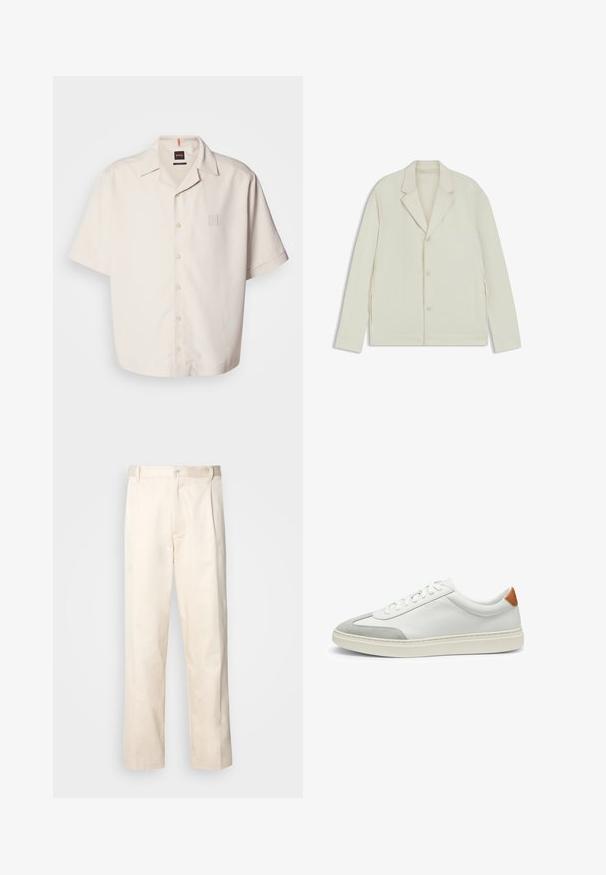 Giacca beige chiaro con rever a taglio, chiusura con bottoni e zip laterali. Realizzata in tessuto liscio e testurizzato con una vestibilità su misura.; Camicia a maniche corte color crema con bottoni, realizzata in un tessuto morbido, dotata di una piccola tasca con logo quadrato e un design di colletto classico.; Pantaloni in cotone beige con taglio dritto, dotati di chiusura a bottone e pence sul davanti per un tocco di dettaglio in più.; Sneakers bianchi in pelle con accenti in suede grigio e un tallone in pelle beige. Presentano una superficie testurizzata e una suola leggera.