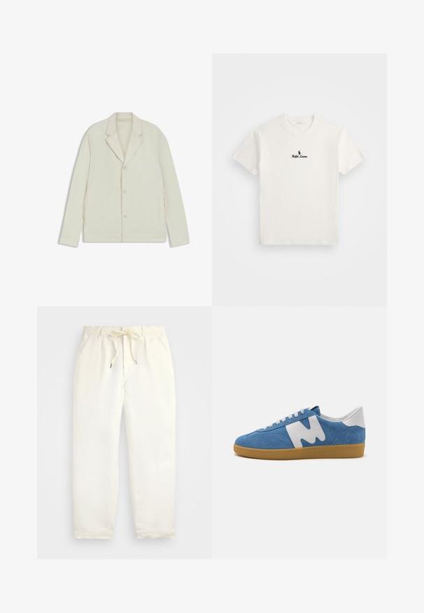 Valkoinenbeige takki, jossa on sahalaita, napitus ja sivuvetoketjut. Valmistettu sileästä, teksturoidusta kankaasta, joka on muotoiltu hyvin istuvaksi.; Valkoinen puuvillapaita, jossa on musta brodeerattu logo polo-pelaajasta ja teksti "Ralph Lauren" rinnassa. Lyhyet hihat, pyöreä pääntie.; Vaalean kermanväriset, rentoihin housut pehmeästä kankaasta. Ominaisuuksia ovat joustava vyötärönyöri, ja kavennetut lahkeet.; MSGM RETRO TRAINER - Matalavartiset tennarit - light blue
