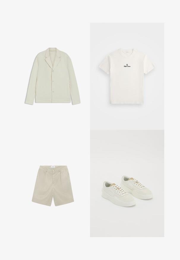 Giacca beige chiaro con rever a taglio, chiusura con bottoni e zip laterali. Realizzata in tessuto liscio e testurizzato con una vestibilità su misura.; T-shirt bianco in cotone con un logo ricamato nero di un giocatore di polo e il testo "Ralph Lauren" sul petto. Maniche corte, colletto tondo.; Pantaloni bermuda beige su misura con fronte piatto, due tasche laterali e chiusura con un bottone. Realizzati in un tessuto leggero e morbido.; Un paio di sneaker low-top color avorio con accenti beige, suole spesse e lacci bianchi su uno sfondo bianco semplice.