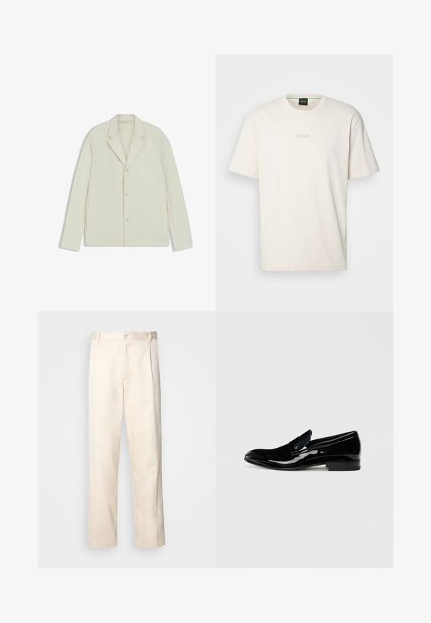 Valkoinenbeige takki, jossa on sahalaita, napitus ja sivuvetoketjut. Valmistettu sileästä, teksturoidusta kankaasta, joka on muotoiltu hyvin istuvaksi.; BOSS TEE - T-paita - open white; Vaaleanbeige puuvillahousut, joissa on suora lahje, varustettu nappisulkeisella ja etupuolella olevilla laskoksilla lisäyksinä.; Musta patentoitu nahkalaukkupohja, jossa on sileä pinta, pyöreä kärki ja koristeellinen hihna varvasosassa. Matala lohkopohja.