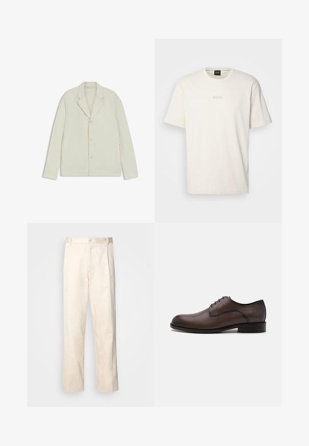 Valkoinenbeige takki, jossa on sahalaita, napitus ja sivuvetoketjut. Valmistettu sileästä, teksturoidusta kankaasta, joka on muotoiltu hyvin istuvaksi.; BOSS TEE - T-paita - open white; Vaaleanbeige puuvillahousut, joissa on suora lahje, varustettu nappisulkeisella ja etupuolella olevilla laskoksilla lisäyksinä.; Ruskeat nahkaiset juhlakengät, joissa on tyylikäs muotoilu, pyöreä kärki, nauhakiinnitys ja minimalistinen tikkaus. Alhainen korko ja hienovarainen brändäys pohjassa.