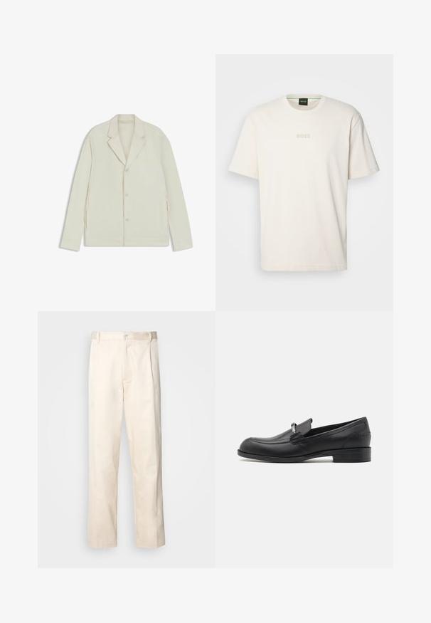 Light beige jacket with a notched lapel, button closure, and side zippers. Made from smooth, textured fabric with a tailored fit.; BOSS TEE - Basic T-shirt - open white; Beige cotton trousers with a straight-leg cut, featuring a button closure and pleats at the front for added detail.; BOSS TAYIL - Smart slip-ons - black