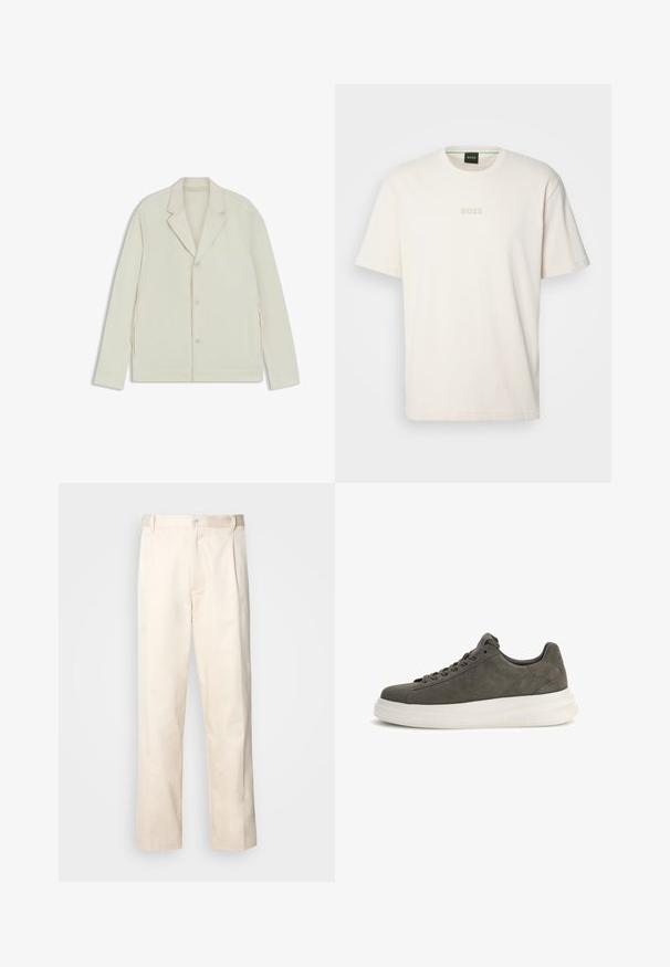 Light beige jacket with a notched lapel, button closure, and side zippers. Made from smooth, textured fabric with a tailored fit.; BOSS TEE - Basic T-shirt - open white; Beige cotton trousers with a straight-leg cut, featuring a button closure and pleats at the front for added detail.; Guess ELBA - Trainers - mehrfarbig grau