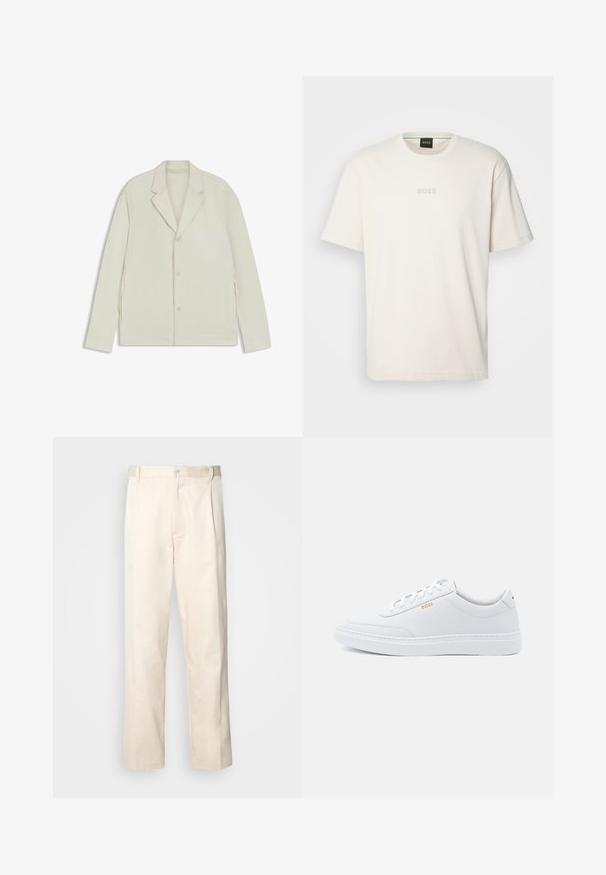 Ljus beige jacka med spetsiga slag, knappstängning och sidodragkedjor. Tillverkad av slätt, texturerat tyg med en skräddarsydd passform.; BOSS TEE - T-shirt - bas - open white; Beiga bomullbyxor med rak benform, utrustade med knappstängning och veck framtill för extra detalj.; Vita lädersneakers med slät textur, rund tå och tonal sömnad. Har blå snörning och en guldfärgad logotyp på sidan.