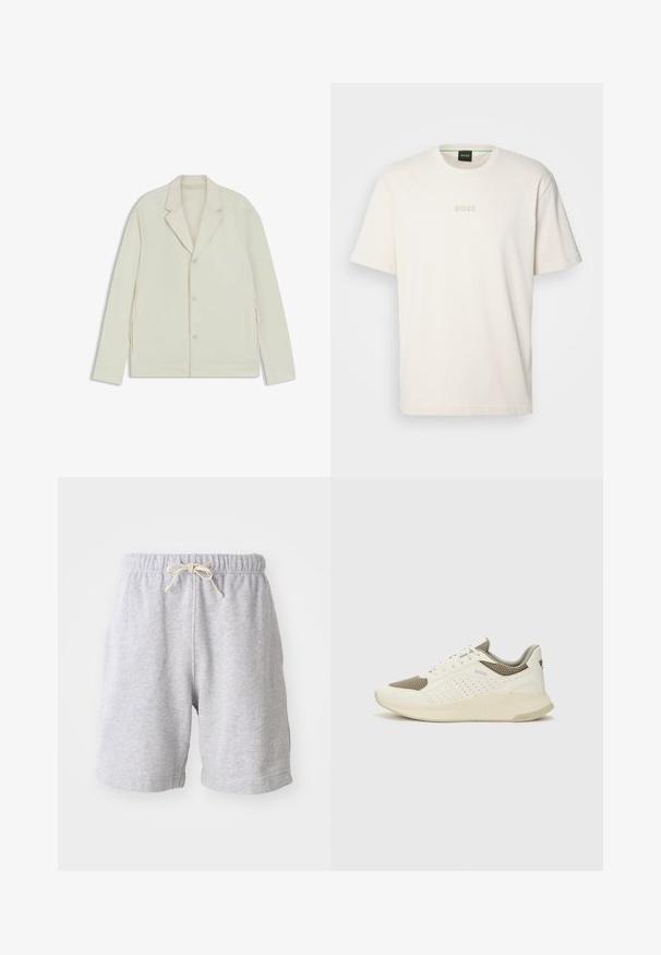 Light beige jacket with a notched lapel, button closure, and side zippers. Made from smooth, textured fabric with a tailored fit.; BOSS TEE - Basic T-shirt - open white; Gray cotton shorts with an elastic waistband and drawstring. Mid-thigh length with side seams and soft texture. No pockets or visible patterns.; White and light beige athletic sneaker, featuring a mesh upper, perforated detailing, and a textured midsole with branding on the heel.