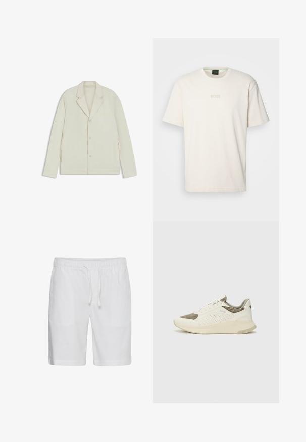 Lys beige jakke med klapkrave, knaplukning og sidelommer med lynlås. Lavet af glat, tekstureret stof med en skræddersyet pasform.; BOSS TEE - T-shirts basic - open white; Casual Friday CFPHELIX LINEN MIX - Shorts - bright white; Hvide og lyse beige sportssko med en mesh-overdel, perforerede detaljer og en tekstureret mellemsål med branding på hælen.
