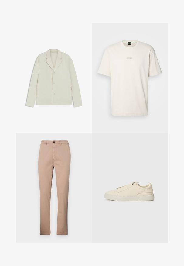 Giacca beige chiaro con rever a taglio, chiusura con bottoni e zip laterali. Realizzata in tessuto liscio e testurizzato con una vestibilità su misura.; BOSS TEE - T-shirt basic - open white; Chino beige in misto cotone, con design a gamba dritta, tasche frontali e chiusura con un bottone. Texture liscia.; Sneaker in pelle beige con punta arrotondata, design minimalista, dettagli di cucitura sottili e una parte superiore testurizzata, su una suola chiara.