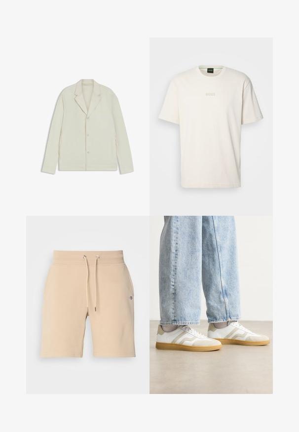 Giacca beige chiaro con rever a taglio, chiusura con bottoni e zip laterali. Realizzata in tessuto liscio e testurizzato con una vestibilità su misura.; BOSS TEE - T-shirt basic - open white; Pantaloni corti in cotone beige con vita elasticizzata, cordoncino regolabile e tasche laterali. Presentano un piccolo logo sulla coscia sinistra.; Sneakers bianchi con dettagli in suede beige e suole in gomma leggera; presentano un design low-top e dettagli testurizzati sulla parte superiore.