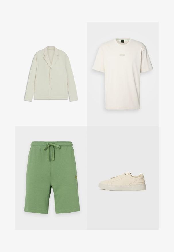 Light beige jacket with a notched lapel, button closure, and side zippers. Made from smooth, textured fabric with a tailored fit.; BOSS TEE - Basic T-shirt - open white; Green cotton shorts with an elastic waistband and adjustable drawstring. Features a small yellow embroidered logo on the left side.; Beige leather sneaker with a rounded toe, minimalistic design, subtle stitching details, and a textured upper, on a light sole.