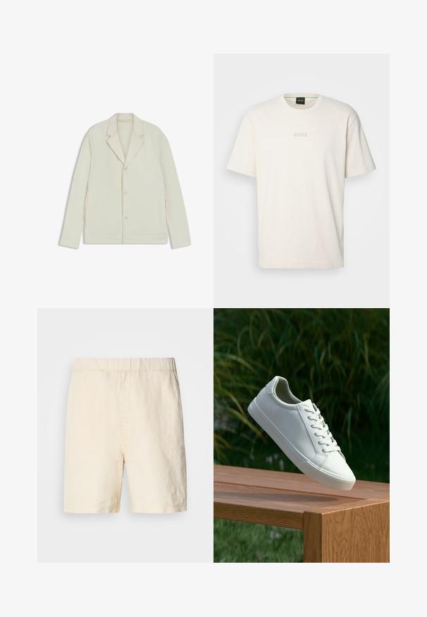Valkoinenbeige takki, jossa on sahalaita, napitus ja sivuvetoketjut. Valmistettu sileästä, teksturoidusta kankaasta, joka on muotoiltu hyvin istuvaksi.; BOSS TEE - T-paita - open white; Vaaleanbeige shortsit, jotka on valmistettu hengittävästä kankaasta. Ominaisuuksiin kuuluu joustava vyötärö ja rento istuvuus. Yksinkertainen muotoilu ilman kuvioita tai metalliosia.; Valkoiset nauhalla kiinnitettävät lenkkarit leijuvat puupenkillä, taustalla vihreää kasvillisuutta, tuoden esiin kengän muotoilua ja pintarakennetta.