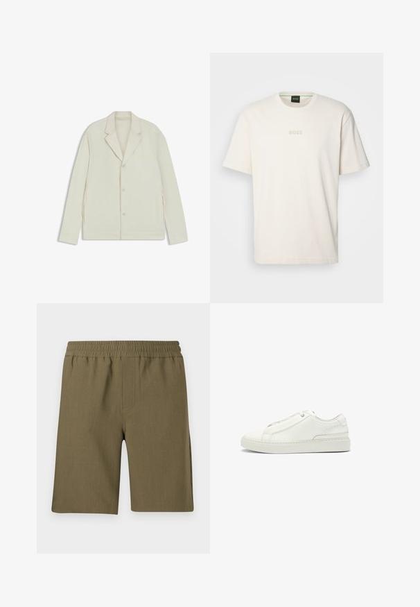 Helle beigefarbene Jacke mit Reverskragen, Knopfverschluss und seitlichen Reißverschlüssen. Hergestellt aus glattem, strukturiertem Material mit einer taillierten Passform.; BOSS TEE - T-Shirt basic - open white; Samsøe Samsøe SMITH - Shorts - four leaf clover; Weiße Leder-Sneaker mit strukturierter Oberseite, runder Zehenform, minimalistischem Design und Gummisohle mit gestickten Details.