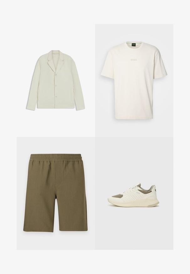 Lichtbeige jas met een geknipte revers, knoopsluiting en zijritsen. Gemaakt van een gladde, gestructureerde stof met een slim fit.; BOSS TEE - T-shirt basic - open white; Samsøe Samsøe SMITH - Shorts - four leaf clover; Witte en lichtbeige sport sneaker, met een bovenwerk van mesh, geperforeerde details en een gestructureerde tussenzool met branding op de hiel.
