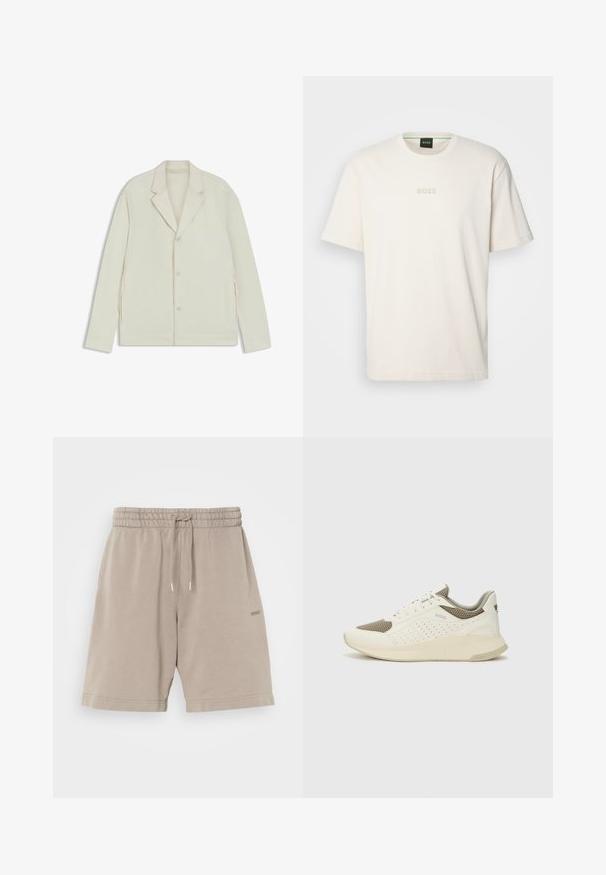 Ljus beige jacka med spetsiga slag, knappstängning och sidodragkedjor. Tillverkad av slätt, texturerat tyg med en skräddarsydd passform.; BOSS TEE - T-shirt - bas - open white; Beige bomullsshorts med elastisk midjeband, snörning och sidofickor. Slät textur med en tryckt logotyp på benet.; Vit och ljusbeige atletisk sneaker med ett meshöverdrag, perforerade detaljer och en texturerad mellansula med varumärke på hälen.