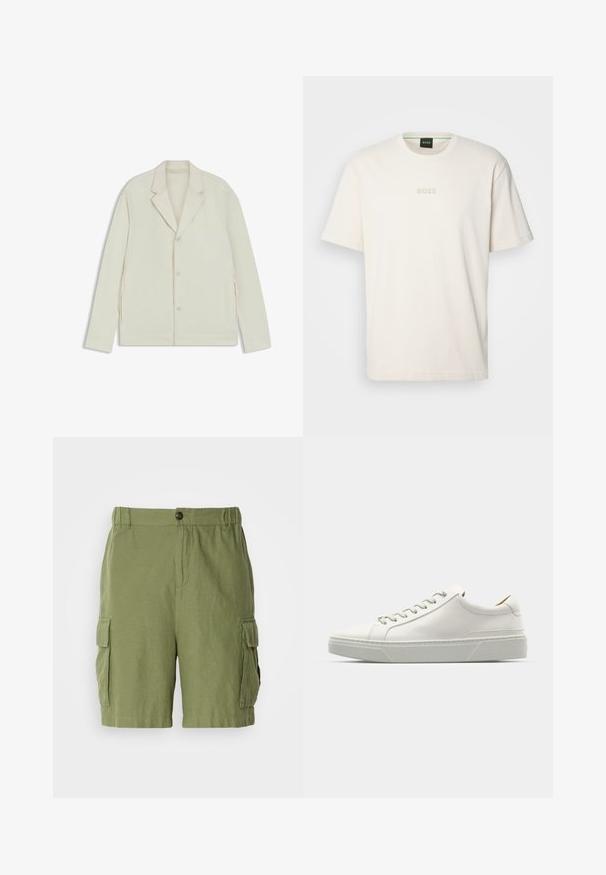 Giacca beige chiaro con rever a taglio, chiusura con bottoni e zip laterali. Realizzata in tessuto liscio e testurizzato con una vestibilità su misura.; BOSS TEE - T-shirt basic - open white; Pantaloni cargo verdi con vestibilità rilassata, realizzati in tessuto leggero. Presentano tasche laterali e chiusura frontale con bottone.; Sneaker bianca in pelle con punta arrotondata, design minimalista, lacci grigi e suola in gomma grigia testurizzata. Dettagli di cucitura sottili visibili.