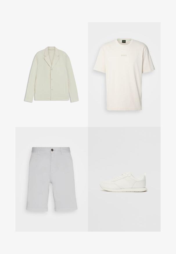 Valkoinenbeige takki, jossa on sahalaita, napitus ja sivuvetoketjut. Valmistettu sileästä, teksturoidusta kankaasta, joka on muotoiltu hyvin istuvaksi.; BOSS TEE - T-paita - open white; Vaaleanharmaat puuvillashortsit. Ominaisuuksiin kuuluvat napitus, vyölenkit ja kaksi sivutaskua. Helma on hieman käännetty ylöspäin.; Valkoiset tennarit, joissa on verkkokankainen ja synteettinen yläosa, pyöreä kärki, litteät nauhat sekä teksturoitu sivuviiru. Kumipohja ja vetoketju takana.