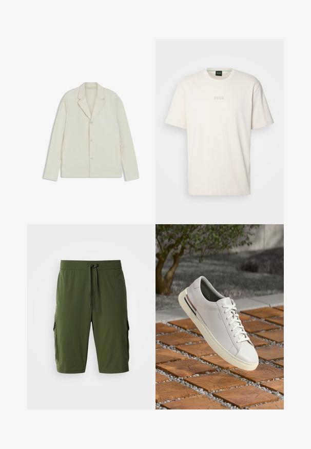 Lichtbeige jas met een geknipte revers, knoopsluiting en zijritsen. Gemaakt van een gladde, gestructureerde stof met een slim fit.; BOSS TEE - T-shirt basic - open white; Olijfgroene cargoshorts met een elastische tailleband, verstelbaar trekkoord en zijzakken voor opbergruimte. Gladde stof, knielange pasvorm.; Witte leren sneaker met ronde neus, vetersluiting aan de voorkant, crèmekleurige rubberen zool en bruine accentdetails. Textuur van het oppervlak toont een minimalistisch ontwerp.