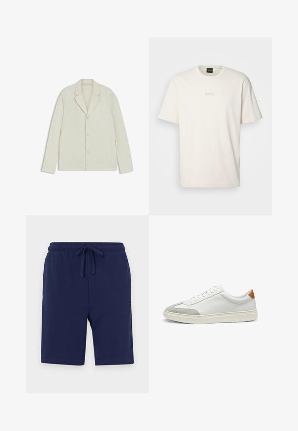 Valkoinenbeige takki, jossa on sahalaita, napitus ja sivuvetoketjut. Valmistettu sileästä, teksturoidusta kankaasta, joka on muotoiltu hyvin istuvaksi.; BOSS TEE - T-paita - open white; Tummansiniset shortsit, jotka on valmistettu pehmeästä puuvillasekoitteesta. Shortsseissa on joustava vyötärö, jossa on naru ja sivutaskut.; Valkoiset nahkakengät, joissa on harmaat mikrokuituakkentit ja vaaleanruskea nahkakanta. Ominaisuuksiin kuuluu teksturoitu pinta ja kevyt pohja.