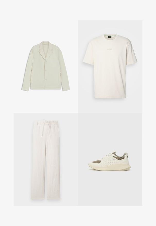 Light beige jacket with a notched lapel, button closure, and side zippers. Made from smooth, textured fabric with a tailored fit.; BOSS TEE - Basic T-shirt - open white; Light beige linen trousers with an elastic waistband, drawstring, wide-leg cut, smooth texture, and no visible patterns or hardware.; White and light beige athletic sneaker, featuring a mesh upper, perforated detailing, and a textured midsole with branding on the heel.