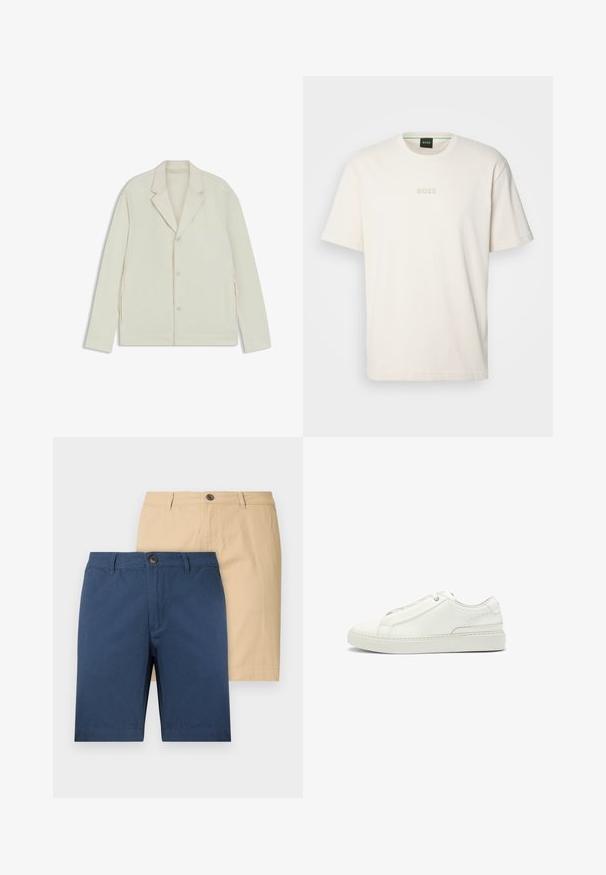 Light beige jacket with a notched lapel, button closure, and side zippers. Made from smooth, textured fabric with a tailored fit.; BOSS TEE - Basic T-shirt - open white; Two pairs of shorts: one navy blue and one beige. Made of soft fabric, feature button closures, and a straight cut design.; White leather sneaker featuring a textured upper, a round toe, minimalistic design, and a rubber sole with stitched detailing.
