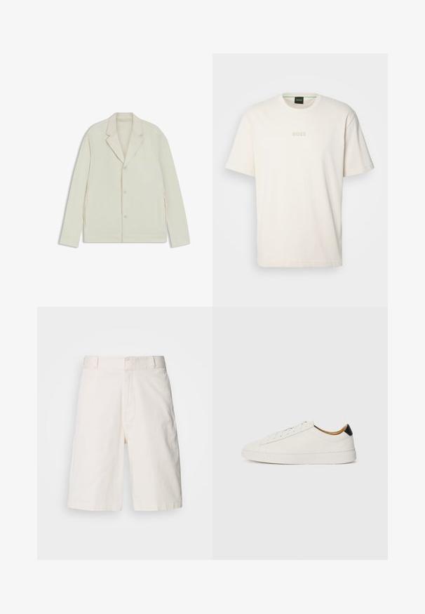 Helle beigefarbene Jacke mit Reverskragen, Knopfverschluss und seitlichen Reißverschlüssen. Hergestellt aus glattem, strukturiertem Material mit einer taillierten Passform.; BOSS TEE - T-Shirt basic - open white; Weiße Baumwollshorts mit einem lockeren Schnitt, ausgestattet mit zwei vorderen Taschen, einem Reißverschluss und einer glatten Textur. Sauberes, einfaches Design ohne Muster.; Weißer Sneaker mit glattem Lederobermaterial, runder Zehenpartie und flacher Sohle. Schwarzer Akzent an der Ferse, mit farblich abgestimmten Schnürsenkeln und minimalem Branding.