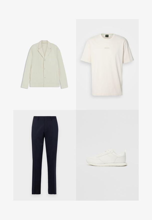 Light beige jacket with a notched lapel, button closure, and side zippers. Made from smooth, textured fabric with a tailored fit.; BOSS TEE - Basic T-shirt - open white; Navy blue slim-fit formal trousers with belt loops and pressed front creases, displayed against a plain white background.; White sneaker with a mesh and synthetic upper, round toe, flat laces, and a textured side stripe. Rubber sole with a pull tab at the back.