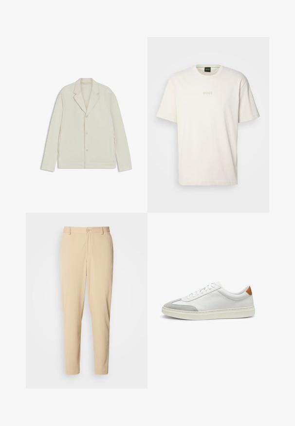 Jasnobeżowa kurtka z wyłogowym kołnierzem, zapięciem na guziki i bocznymi zamkami. Wykonana z gładkiego, teksturowanego materiału o dopasowanym kroju.; BOSS - T-shirt basic; Beżowe, strukturalne spodnie o dopasowanym kroju, z zapięciem na guziki z przodu, szlufkami na pasek i kieszeniami po bokach. Gładka wykończenie materiału.; Białe skórzane tenisówki z szarymi zamszowymi akcentami oraz brązowym skórzanym zapiętkiem. Posiadają teksturowaną powierzchnię i lekką podeszwę.