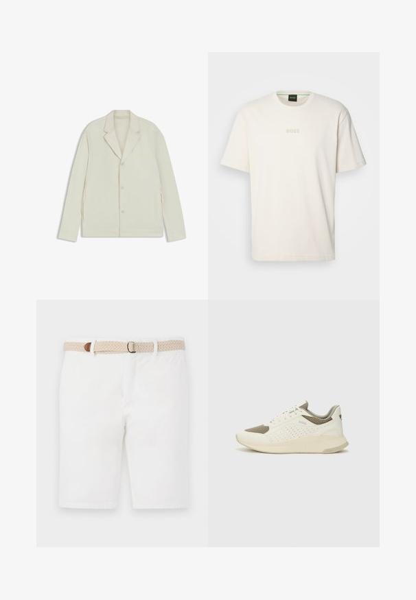 Lys beige jakke med klapkrave, knaplukning og sidelommer med lynlås. Lavet af glat, tekstureret stof med en skræddersyet pasform.; BOSS TEE - T-shirts basic - open white; Hvide bomuldsshorts med et vævet beige bælte med en brun accent. Shortsene har et rent design og en glat tekstur.; Hvide og lyse beige sportssko med en mesh-overdel, perforerede detaljer og en tekstureret mellemsål med branding på hælen.
