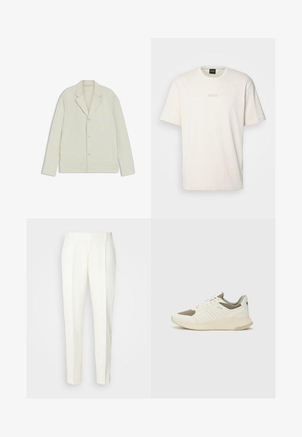 Lys beige jakke med klapkrave, knaplukning og sidelommer med lynlås. Lavet af glat, tekstureret stof med en skræddersyet pasform.; BOSS TEE - T-shirts basic - open white; Hvide, skræddersyede bukser med lige ben, der har frontfolder og en glat overflade. Ingen synlige lommer eller udsmykninger.; Hvide og lyse beige sportssko med en mesh-overdel, perforerede detaljer og en tekstureret mellemsål med branding på hælen.