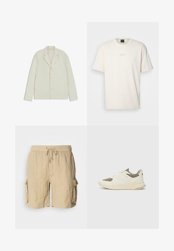 Helle beigefarbene Jacke mit Reverskragen, Knopfverschluss und seitlichen Reißverschlüssen. Hergestellt aus glattem, strukturiertem Material mit einer taillierten Passform.; BOSS TEE - T-Shirt basic - open white; Beige Cargo-Shorts aus leichtem Material mit elastischem Bund und Kordelzug. Verfügt über zwei seitliche Taschen und eine strukturierte Oberfläche.; Weiße und hellbeige Sport Sneakers, ausgestattet mit einem Obermaterial aus Netzgewebe, perforierten Details und einer strukturierten Zwischensohle mit Branding an der Ferse.