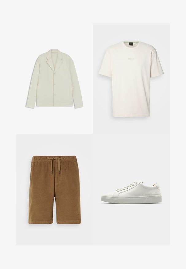 Light beige jacket with a notched lapel, button closure, and side zippers. Made from smooth, textured fabric with a tailored fit.; BOSS TEE - Basic T-shirt - open white; Brown corduroy shorts with an elastic waistband and drawstring, featuring a straight cut and turned-up hems. Simple design, textured fabric.; White leather sneaker with a rounded toe, minimalist design, grey laces, and a textured grey rubber sole. Subtle stitching details visible.