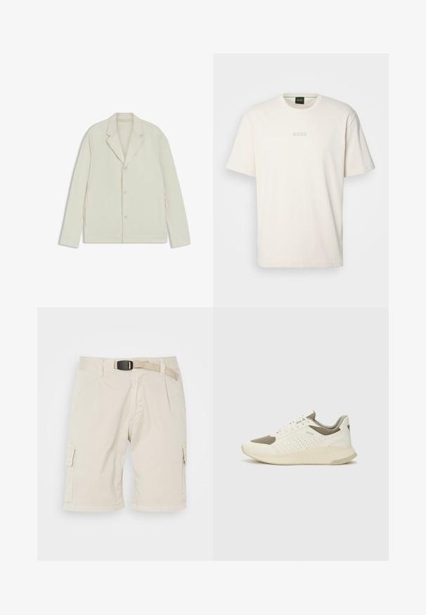 Valkoinenbeige takki, jossa on sahalaita, napitus ja sivuvetoketjut. Valmistettu sileästä, teksturoidusta kankaasta, joka on muotoiltu hyvin istuvaksi.; BOSS TEE - T-paita - open white; Beige cargo-shorts, joissa on suora etuosa, vyölenkit, pleated-osuus, sivutaskut ja teksturoitu kangas. Pituus ulottuu reiden puoliväliin.; Valkoinen ja vaaleanbeige urheilukengät, joissa on verkkomateriaali yläosa, rei'itettyjä yksityiskohtia ja teksturoitu välipohja, jossa on brändäys kantapäässä.