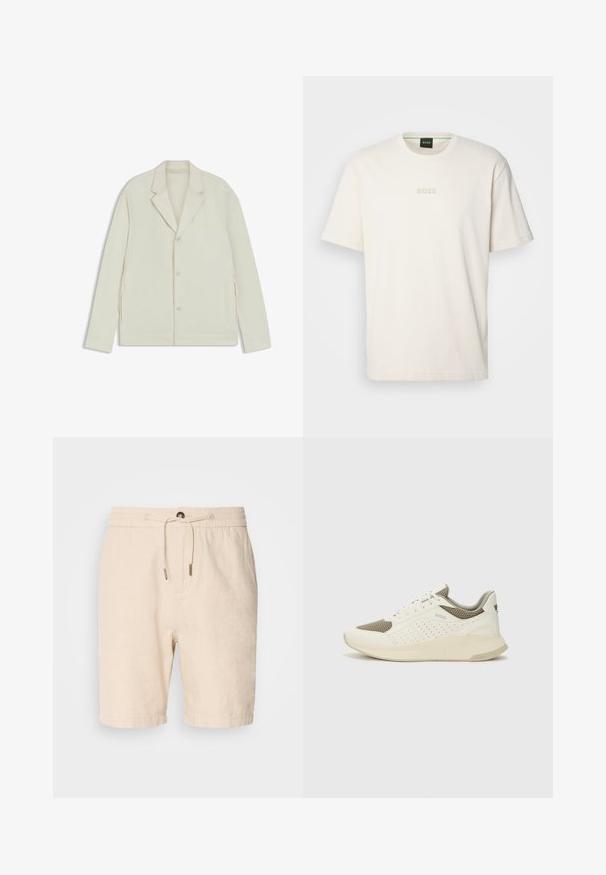 Helle beigefarbene Jacke mit Reverskragen, Knopfverschluss und seitlichen Reißverschlüssen. Hergestellt aus glattem, strukturiertem Material mit einer taillierten Passform.; BOSS TEE - T-Shirt basic - open white; Scotch & Soda SEASONAL CORE BERMUDA - Shorts - soft camel; Weiße und hellbeige Sport Sneakers, ausgestattet mit einem Obermaterial aus Netzgewebe, perforierten Details und einer strukturierten Zwischensohle mit Branding an der Ferse.