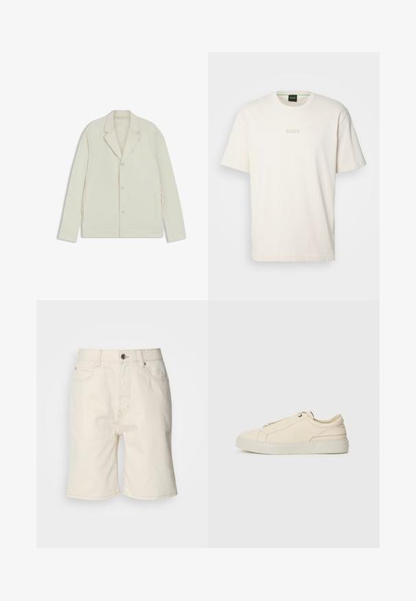 Lys beige jakke med klapkrave, knaplukning og sidelommer med lynlås. Lavet af glat, tekstureret stof med en skræddersyet pasform.; BOSS TEE - T-shirts basic - open white; Beige denim shorts med lige skæring, fem lommer og en frontknaplukning. Let struktureret stof med synlige sømme.; Beige lædersneaker med rund tå, minimalistisk design, diskrete syninger og en struktureret overflade, på en lys sål.