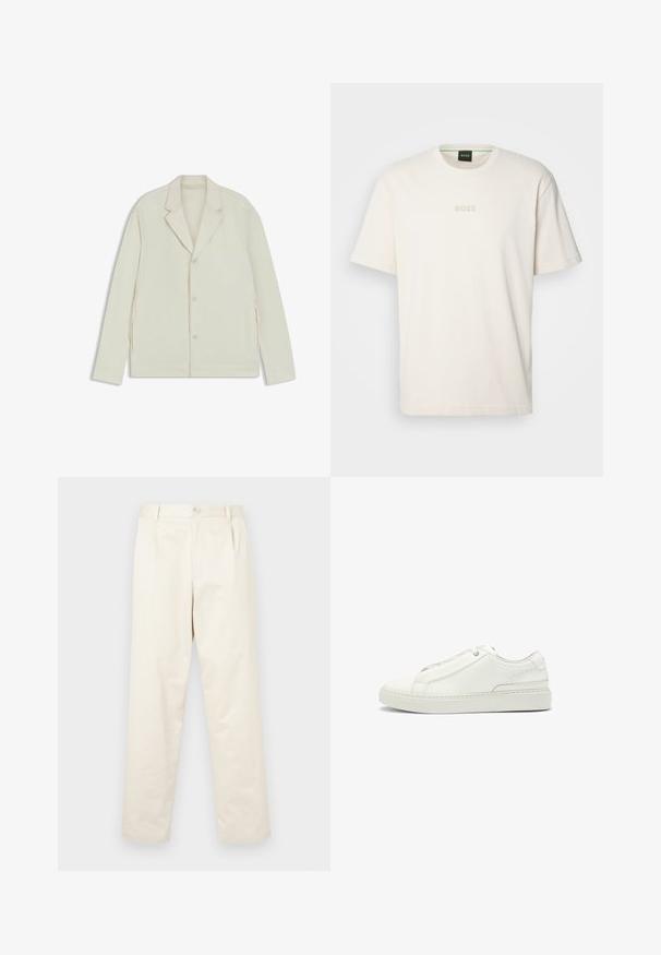 Lys beige jakke med klapkrave, knaplukning og sidelommer med lynlås. Lavet af glat, tekstureret stof med en skræddersyet pasform.; BOSS TEE - T-shirts basic - open white; Lys beige bomulds chinos med lige ben-design, der har en knaplukning og to sidelommer. Glat tekstur uden synlige mønstre.; Hvide lædersneakers med en tekstureret overdel, rund tå, minimalisk design og en gummisål med syede detaljer.