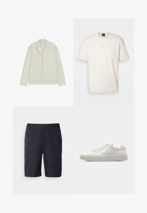 Light beige jacket with a notched lapel, button closure, and side zippers. Made from smooth, textured fabric with a tailored fit.; BOSS TEE - Basic T-shirt - open white; Navy blue shorts made of lightweight cotton fabric, featuring a button closure, belt loops, and a straight cut above the knee.; White leather sneaker with a rounded toe, minimalist design, grey laces, and a textured grey rubber sole. Subtle stitching details visible.