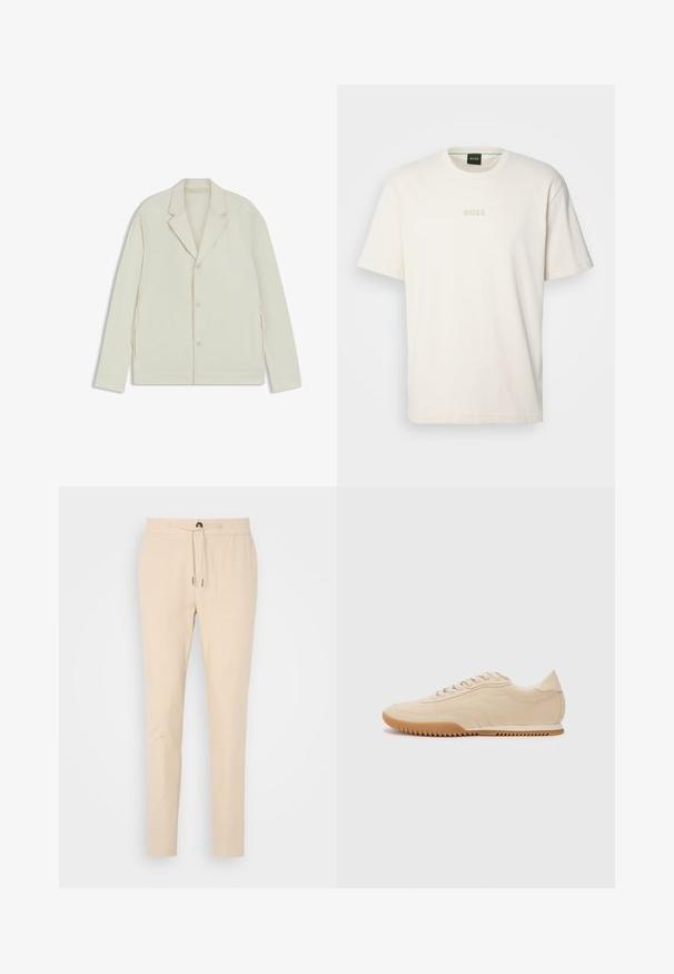Lichtbeige jas met een geknipte revers, knoopsluiting en zijritsen. Gemaakt van een gladde, gestructureerde stof met een slim fit.; BOSS TEE - T-shirt basic - open white; Beige tapschoenen gemaakt van zachte stof, met een elastische tailleband met trekkoord en een enkele voorzak. Soepele textuur en subtiel ontwerp.; Beige suede sneakers met een gestroomlijnd ontwerp, voorzien van een textuur bovenwerk, ronde neus en een rubberen zool met een zigzagpatroon.
