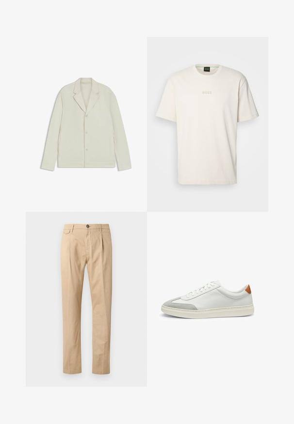 Lichtbeige jas met een geknipte revers, knoopsluiting en zijritsen. Gemaakt van een gladde, gestructureerde stof met een slim fit.; BOSS TEE - T-shirt basic - open white; Beige katoenen herenrechtpijpspantalon met voorzakken, riemlussen, knoopsluiting en ritssluiting op een witte achtergrond.; Witte leren sneakers met grijze suede accenten en een tan leren hieltab. Kenmerkt zich door een textuurovervlak en een lichtgewicht zool.
