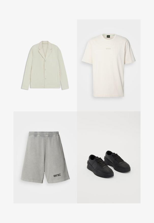 Giacca beige chiaro con rever a taglio, chiusura con bottoni e zip laterali. Realizzata in tessuto liscio e testurizzato con una vestibilità su misura.; BOSS TEE - T-shirt basic - open white; Pantaloni corti in cotone grigio chiaro con una cintura elastica, caratterizzati da un logo nero sul lato sinistro in basso e una texture liscia e uniforme.; Sneaker nere in pelle liscia con suola ammortizzata. Le caratteristiche includono lacci piatti, perforazioni sulla punta e una silhouette elegante.