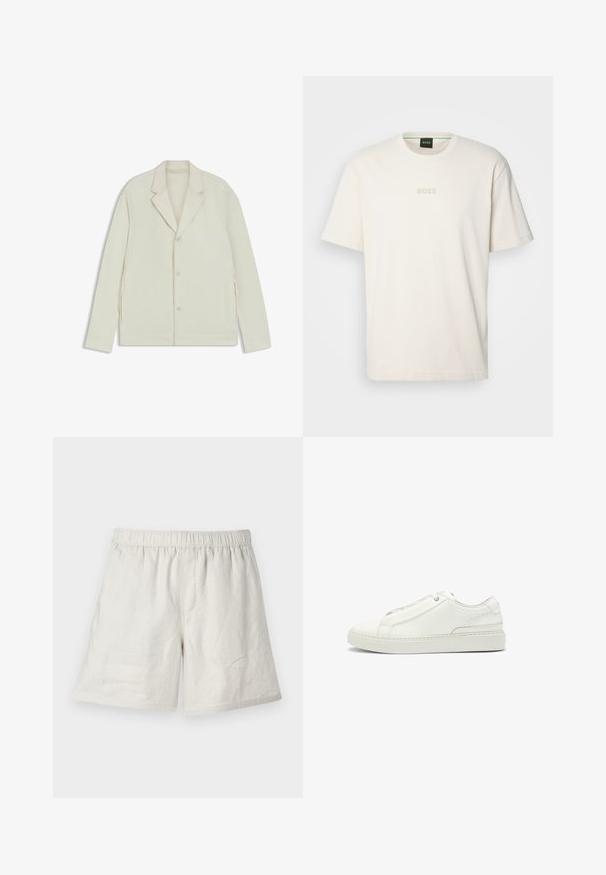 Giacca beige chiaro con rever a taglio, chiusura con bottoni e zip laterali. Realizzata in tessuto liscio e testurizzato con una vestibilità su misura.; BOSS TEE - T-shirt basic - open white; Shorts in lino beige chiaro con cintura elastica, caratterizzati da una vestibilità comoda e cuciture minime per un design semplice e informale.; Sneaker bianca in pelle con tomaia testurizzata, punta tonda, design minimalista e suola in gomma con dettagli cuciti.