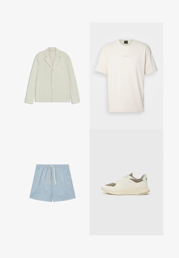Lichtbeige jas met een geknipte revers, knoopsluiting en zijritsen. Gemaakt van een gladde, gestructureerde stof met een slim fit.; BOSS TEE - T-shirt basic - open white; Gestreepte blauwe zwembroek met een elastische taille en een witte trekkoord. Heeft een lichte stof en een subtiel logo op de onderste linkerzijde.; Witte en lichtbeige sport sneaker, met een bovenwerk van mesh, geperforeerde details en een gestructureerde tussenzool met branding op de hiel.
