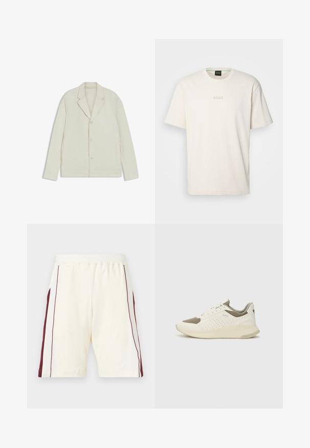 Lys beige jakke med klapkrave, knaplukning og sidelommer med lynlås. Lavet af glat, tekstureret stof med en skræddersyet pasform.; BOSS TEE - T-shirts basic - open white; Lyscremede shorts med elastisk talje, med maroon side striber og en glat tekstur, afsluttet ved benene.; Hvide og lyse beige sportssko med en mesh-overdel, perforerede detaljer og en tekstureret mellemsål med branding på hælen.