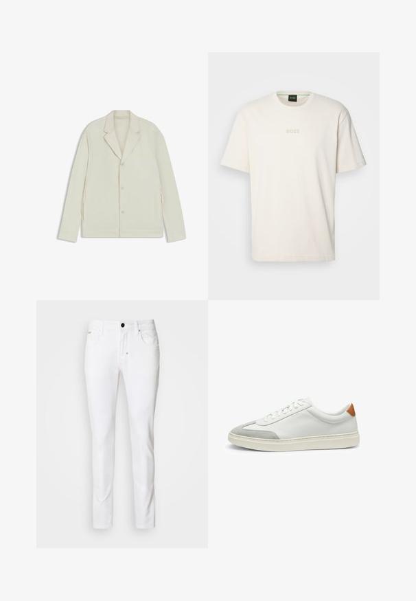 Chaqueta de color beige claro con solapas en pico, cierre de botones y cremalleras laterales. Fabricada con una tela suave y texturizada, con un corte a medida.; BOSS TEE - Camiseta básica - open white; Jeans de denim blanco con un diseño de pierna recta, estilo clásico de cinco bolsillos, cierre de botón metálico y detalles de costura sutiles.; Zapatillas de cuero blanco con acentos de ante gris y un refuerzo de cuero marrón claro en el talón. Presentan una superficie texturizada y una suela ligera.